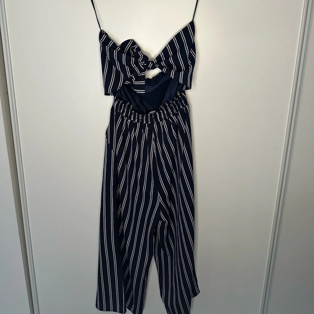Lulu's Navy & White Striped Strapless Jumpsuit with Back Tie - Picture 3 of 5